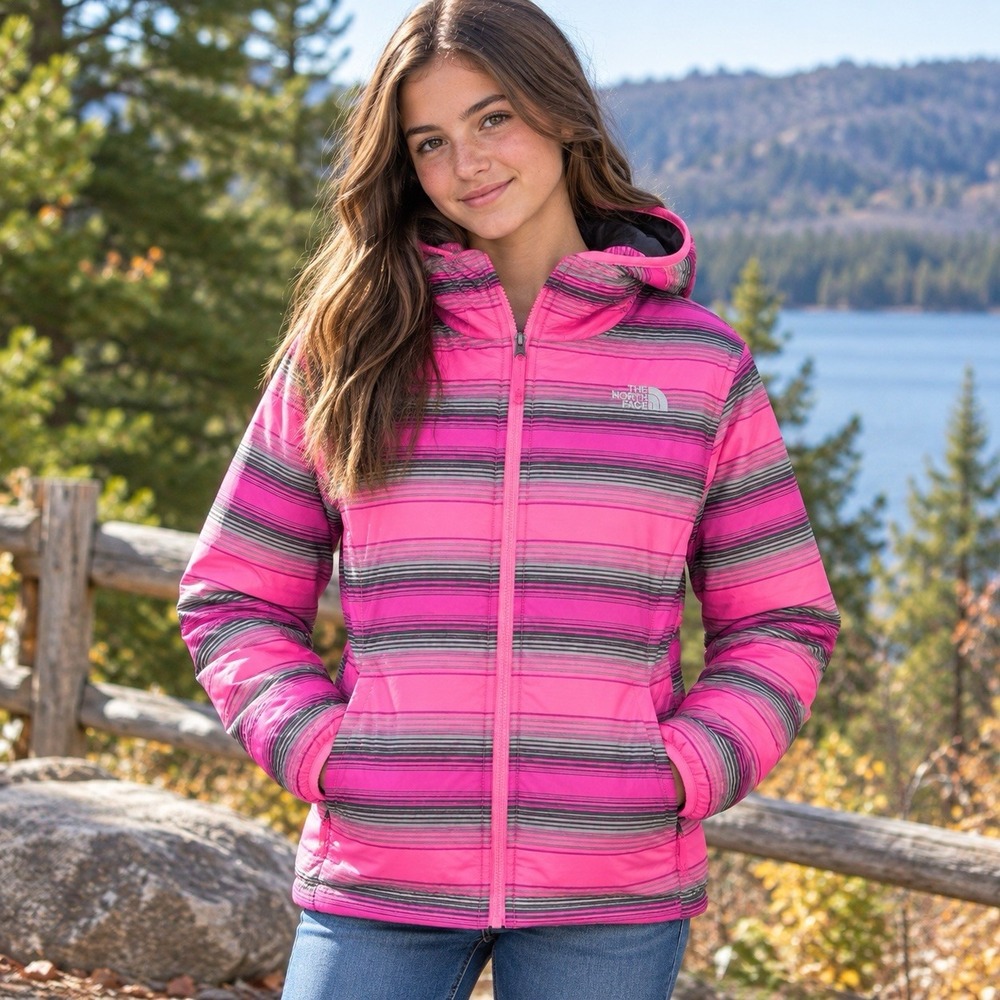North Face Youth/Girls Reversible Black & Pink Stripe Puffer Jacket Size L 14/16